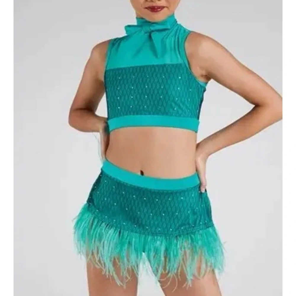Weissman Elite Dance Costume SA Rhinestones & Ostrich Feathers Teal Bow 2pc Set